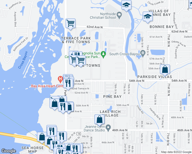 map of restaurants, bars, coffee shops, grocery stores, and more near 5521 80th Street North in St. Petersburg