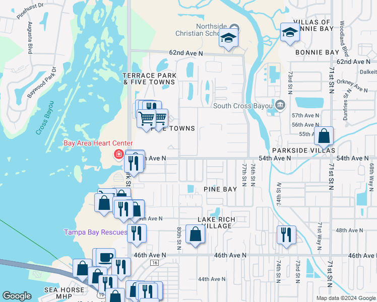 map of restaurants, bars, coffee shops, grocery stores, and more near 5521 80th Street North in St. Petersburg