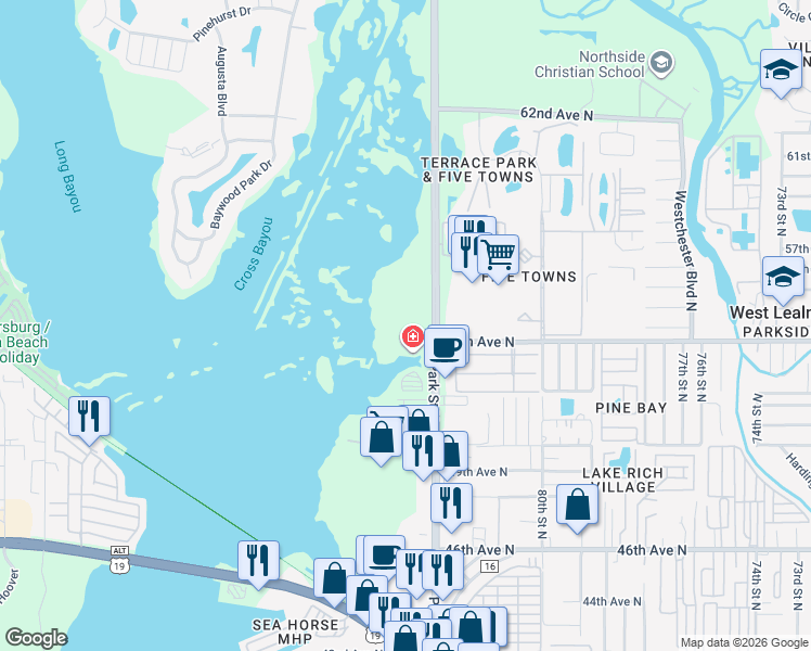 map of restaurants, bars, coffee shops, grocery stores, and more near 5400 Park Street North in St. Petersburg