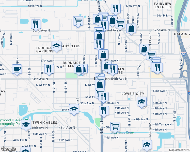 map of restaurants, bars, coffee shops, grocery stores, and more near 5500 34th Street North in St. Petersburg