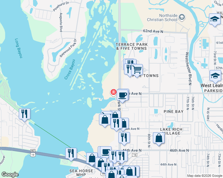 map of restaurants, bars, coffee shops, grocery stores, and more near 5400 Park Street North in St. Petersburg