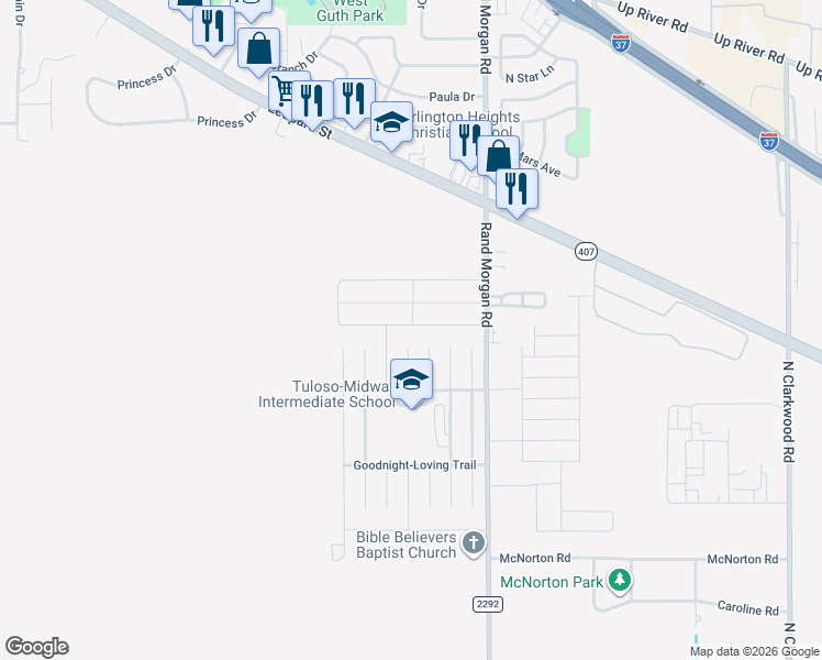 map of restaurants, bars, coffee shops, grocery stores, and more near 9514 English Oak Drive in Corpus Christi