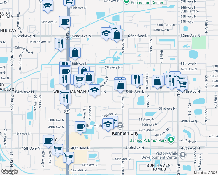 map of restaurants, bars, coffee shops, grocery stores, and more near 6326 55th Avenue North in Saint Petersburg