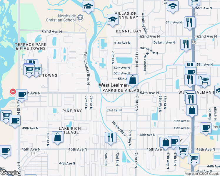 map of restaurants, bars, coffee shops, grocery stores, and more near 5410 Parkside Villas Drive West in Saint Petersburg