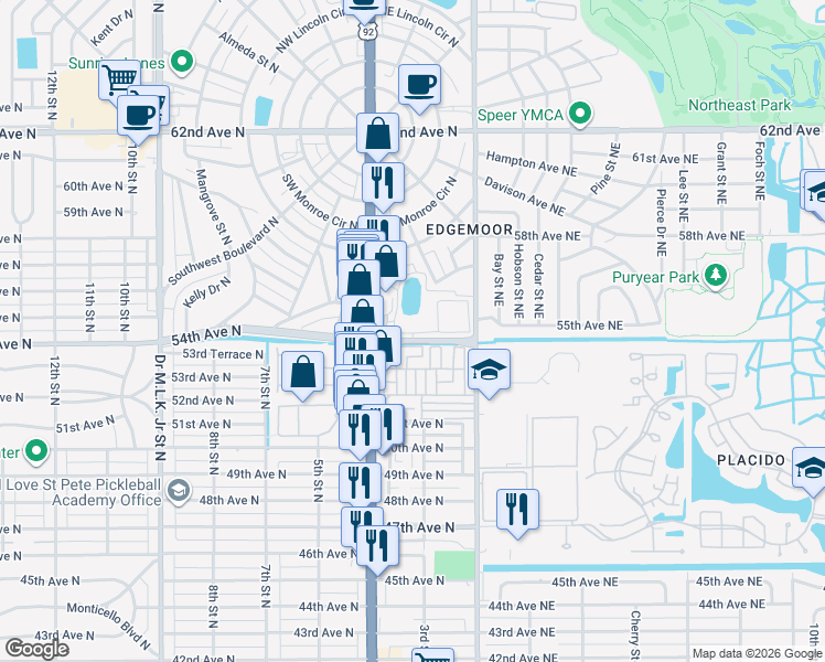 map of restaurants, bars, coffee shops, grocery stores, and more near 309 54th Terrace North in St. Petersburg