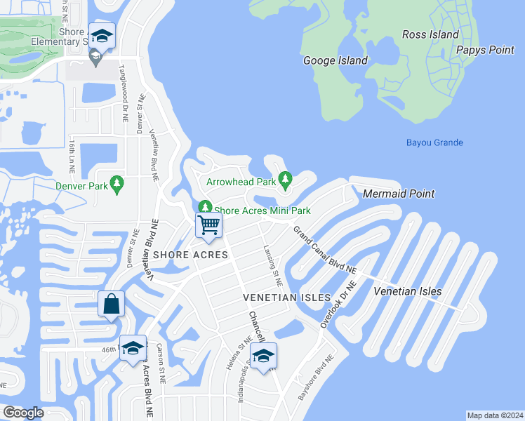 map of restaurants, bars, coffee shops, grocery stores, and more near 1875 Bayou Grande Boulevard Northeast in Saint Petersburg
