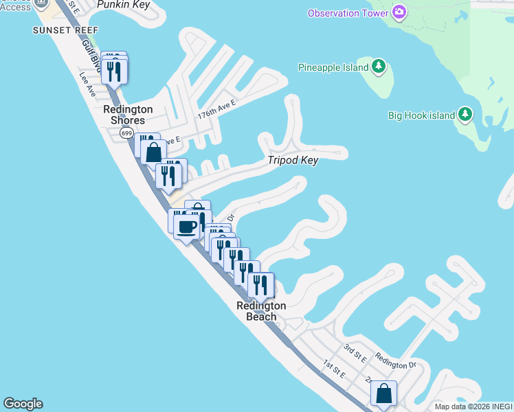 map of restaurants, bars, coffee shops, grocery stores, and more near 17044 Dolphin Drive in North Redington Beach
