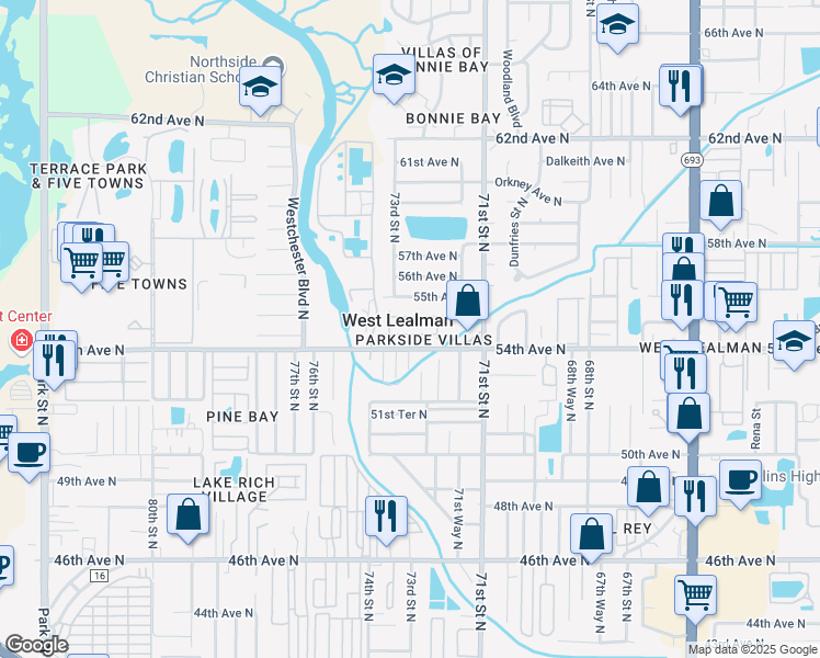 map of restaurants, bars, coffee shops, grocery stores, and more near 7315 Parkside Villas Drive in Saint Petersburg