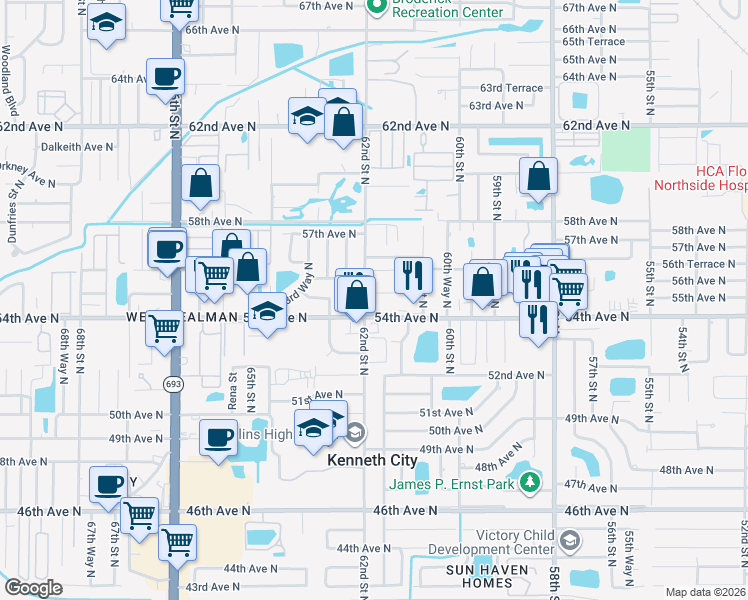 map of restaurants, bars, coffee shops, grocery stores, and more near 6200 56th Avenue North in St. Petersburg