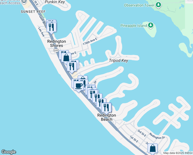 map of restaurants, bars, coffee shops, grocery stores, and more near 17024 Dolphin Drive in North Redington Beach
