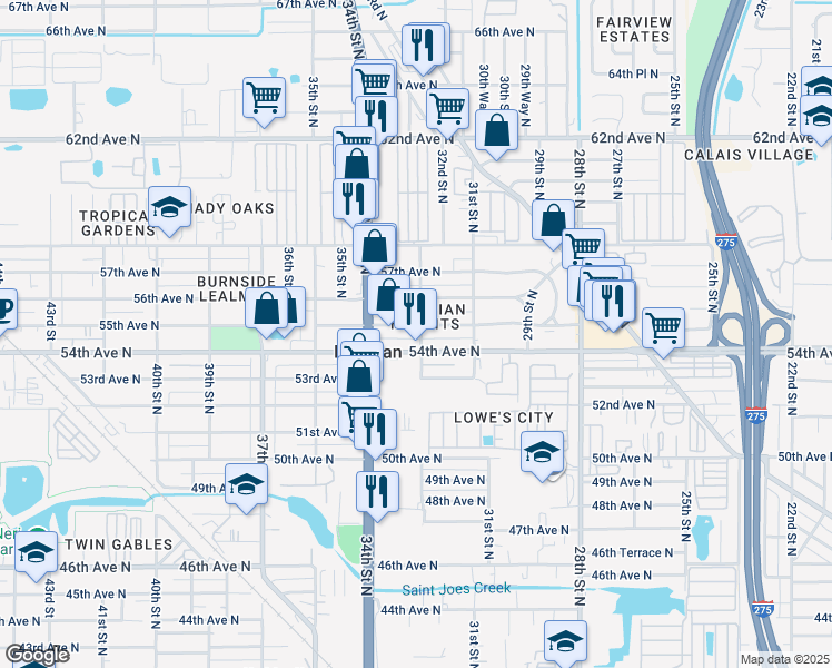map of restaurants, bars, coffee shops, grocery stores, and more near 3219 55th Avenue North in St. Petersburg