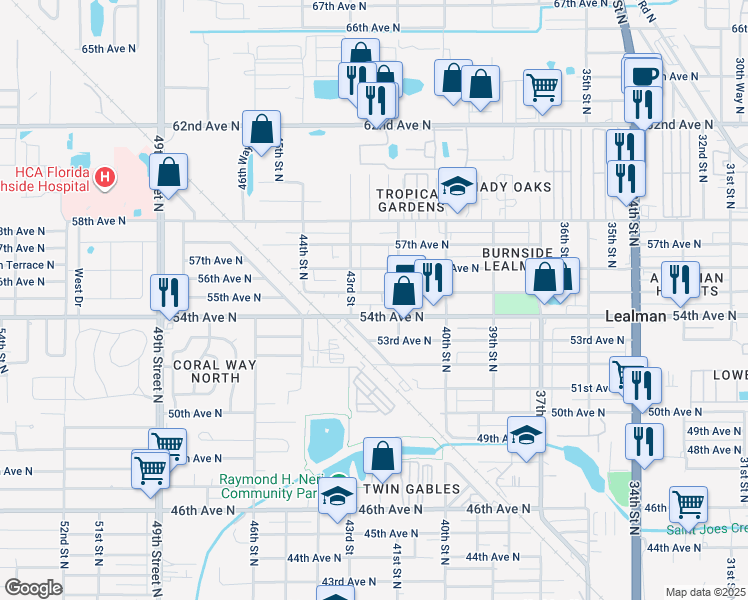 map of restaurants, bars, coffee shops, grocery stores, and more near 4246 55th Avenue North in St. Petersburg