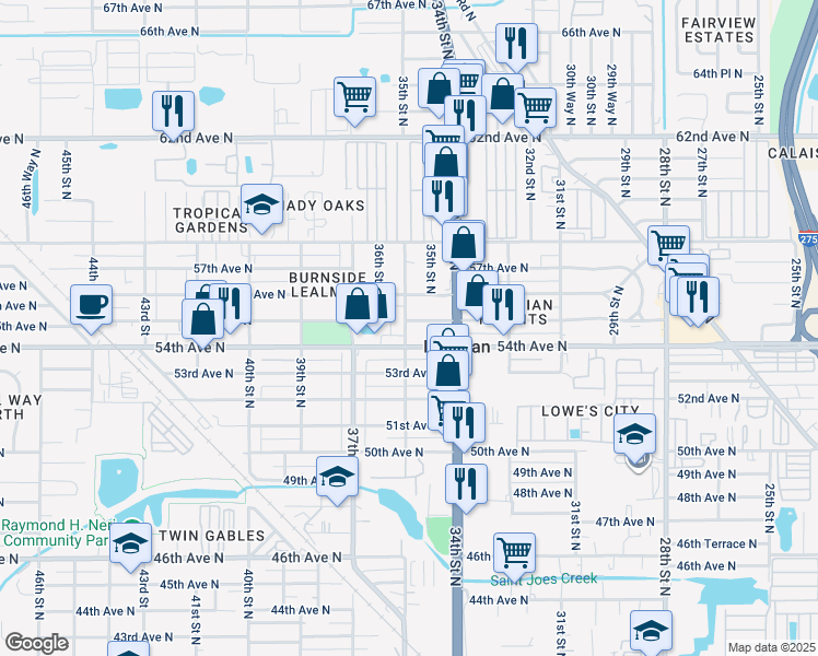 map of restaurants, bars, coffee shops, grocery stores, and more near 3590 55th Avenue North in St. Petersburg