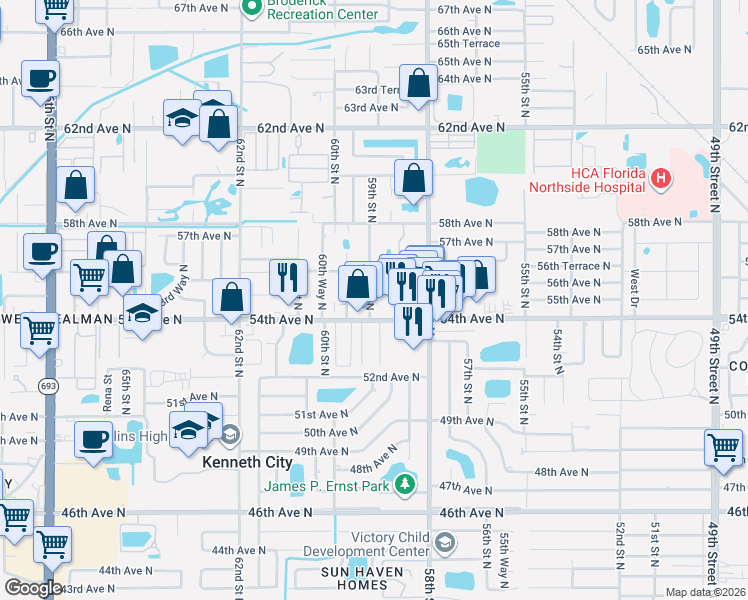 map of restaurants, bars, coffee shops, grocery stores, and more near 5473 59th Street North in St. Petersburg