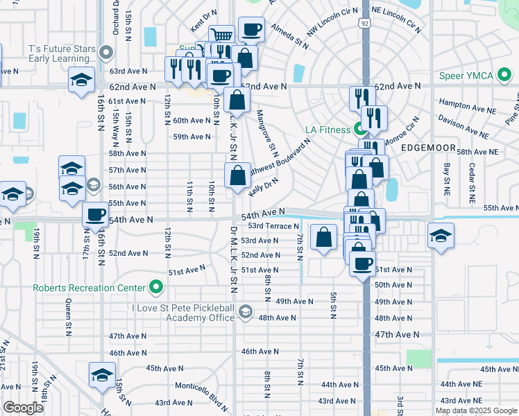 map of restaurants, bars, coffee shops, grocery stores, and more near 827 54th Avenue North in St. Petersburg