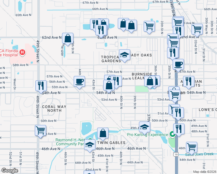 map of restaurants, bars, coffee shops, grocery stores, and more near 4135 55th Avenue North in St. Petersburg
