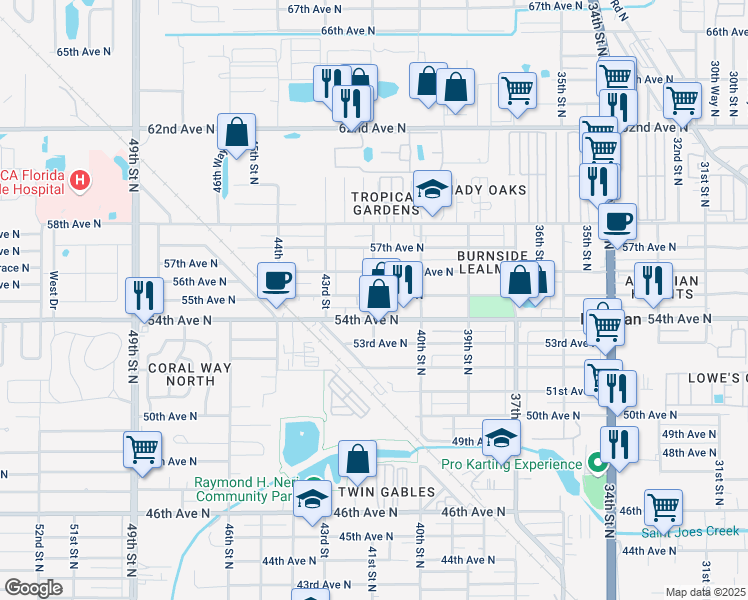map of restaurants, bars, coffee shops, grocery stores, and more near 4135 55th Avenue North in St. Petersburg