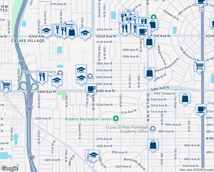 map of restaurants, bars, coffee shops, grocery stores, and more near 1400 55th Avenue North in Saint Petersburg