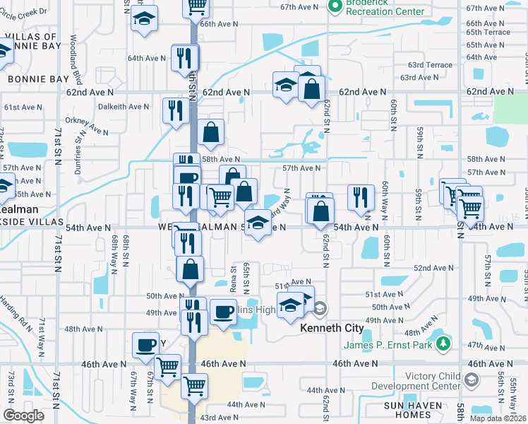 map of restaurants, bars, coffee shops, grocery stores, and more near 5496 63rd Way North in St. Petersburg