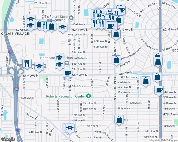 map of restaurants, bars, coffee shops, grocery stores, and more near 1228 55th Avenue North in St. Petersburg