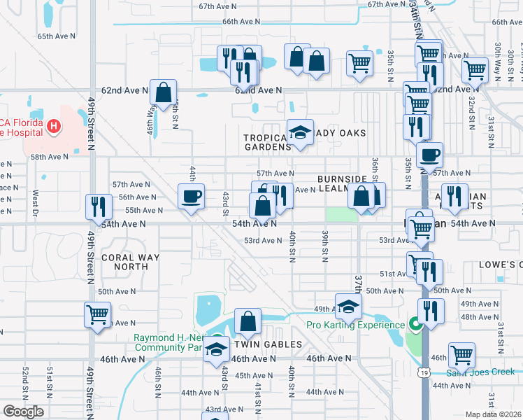 map of restaurants, bars, coffee shops, grocery stores, and more near 4135 55th Avenue North in St. Petersburg
