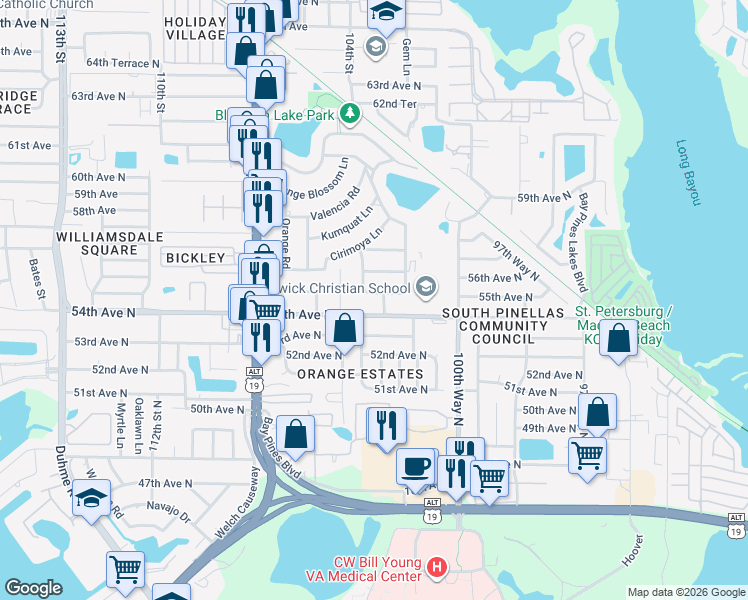 map of restaurants, bars, coffee shops, grocery stores, and more near 10326 Tangelo Road in Seminole