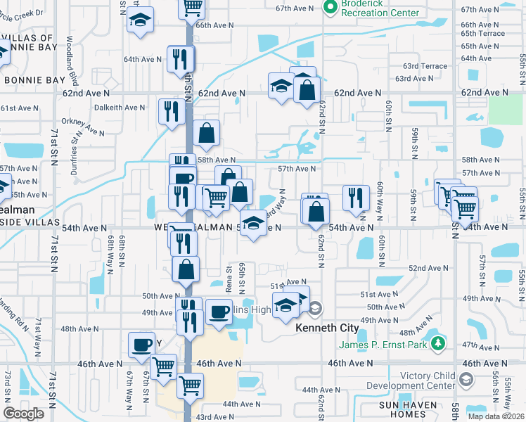 map of restaurants, bars, coffee shops, grocery stores, and more near 5496 63rd Way North in St. Petersburg