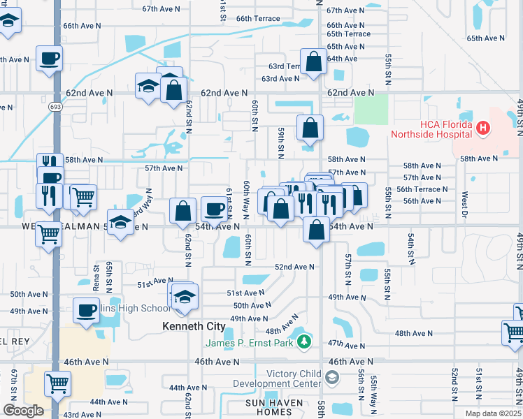 map of restaurants, bars, coffee shops, grocery stores, and more near 5456 59th Way North in St. Petersburg
