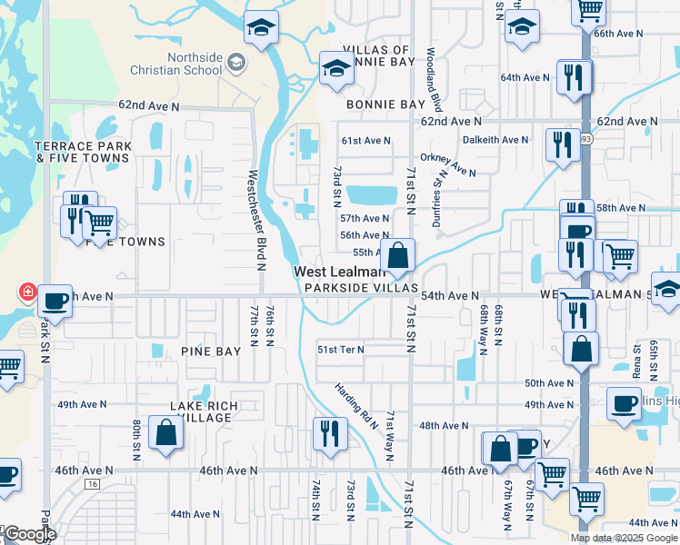 map of restaurants, bars, coffee shops, grocery stores, and more near 7332 Parkside Villas Drive North in Saint Petersburg