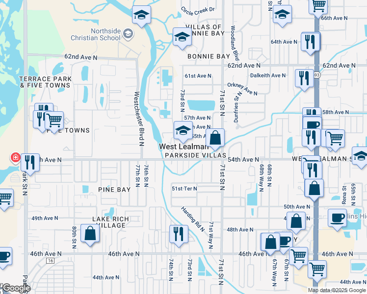 map of restaurants, bars, coffee shops, grocery stores, and more near 7336 Parkside Villas Drive South in St. Petersburg