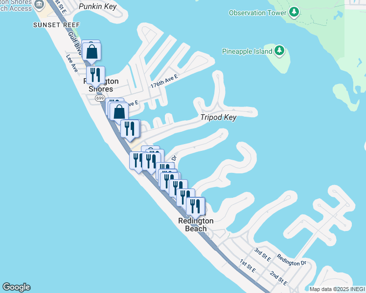 map of restaurants, bars, coffee shops, grocery stores, and more near 17024 Dolphin Drive in North Redington Beach