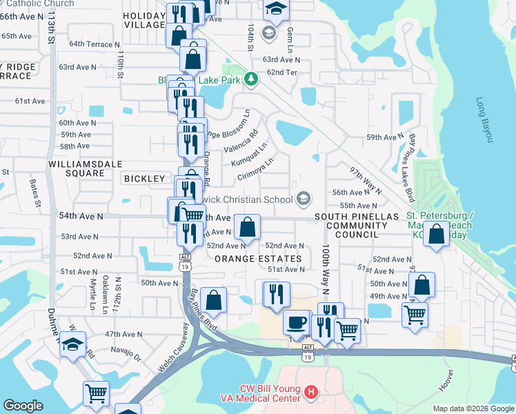 map of restaurants, bars, coffee shops, grocery stores, and more near 10326 Tangelo Road in Seminole