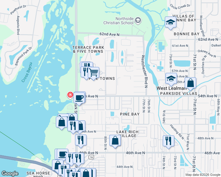 map of restaurants, bars, coffee shops, grocery stores, and more near 5521 80th Street North in St. Petersburg