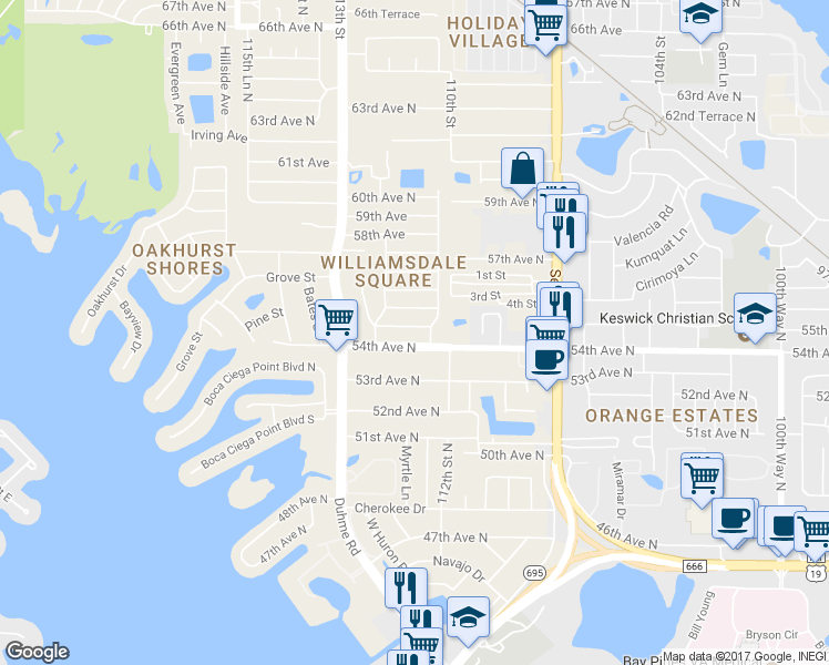 map of restaurants, bars, coffee shops, grocery stores, and more near 11098 55th Avenue North in Seminole