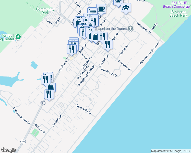map of restaurants, bars, coffee shops, grocery stores, and more near 1021 Eleventh Street in Port Aransas