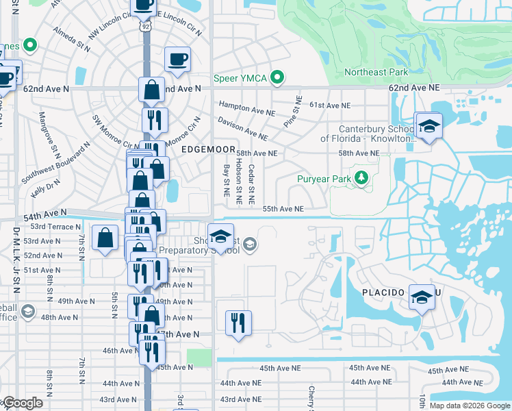 map of restaurants, bars, coffee shops, grocery stores, and more near 401 55th Avenue Northeast in St. Petersburg