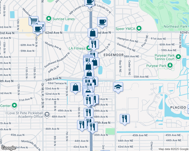 map of restaurants, bars, coffee shops, grocery stores, and more near 5475 Barnard Boulevard North in St. Petersburg
