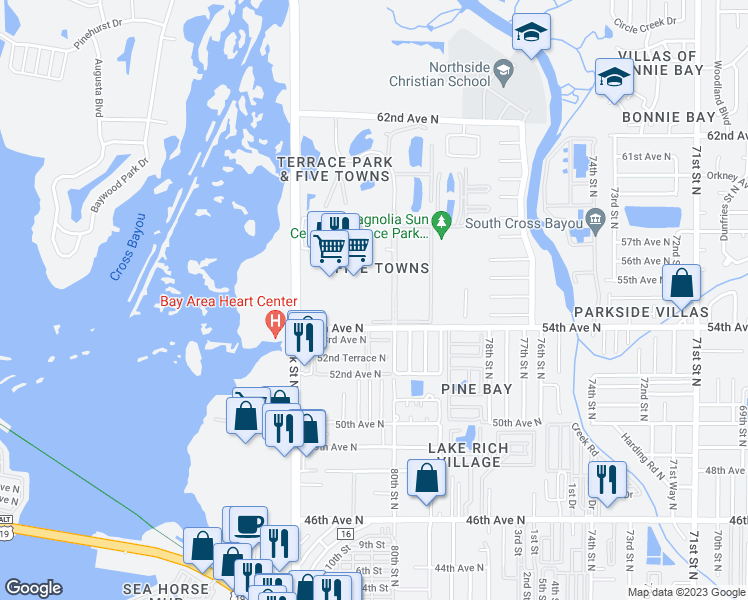 map of restaurants, bars, coffee shops, grocery stores, and more near 5530 80th Street North in St. Petersburg