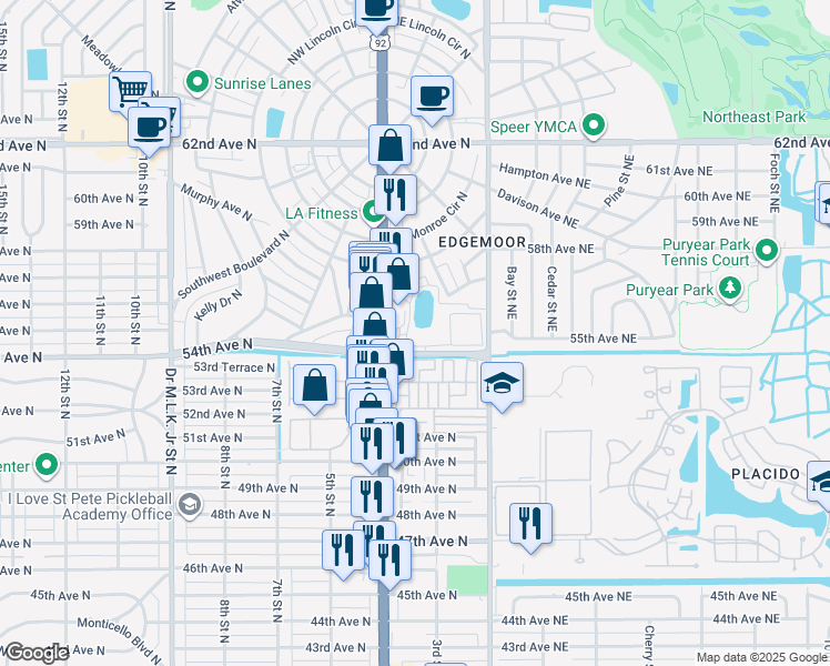 map of restaurants, bars, coffee shops, grocery stores, and more near 5475 Barnard Boulevard North in Saint Petersburg