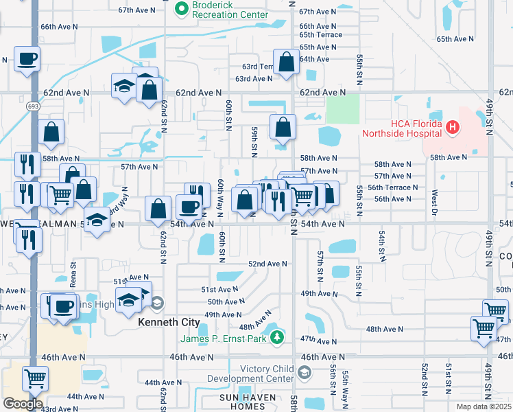 map of restaurants, bars, coffee shops, grocery stores, and more near 5473 59th Street North in St. Petersburg