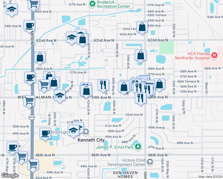 map of restaurants, bars, coffee shops, grocery stores, and more near 5507 61st Street North in St. Petersburg