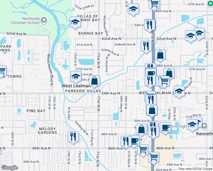 map of restaurants, bars, coffee shops, grocery stores, and more near 5475 70th Lane North in St. Petersburg