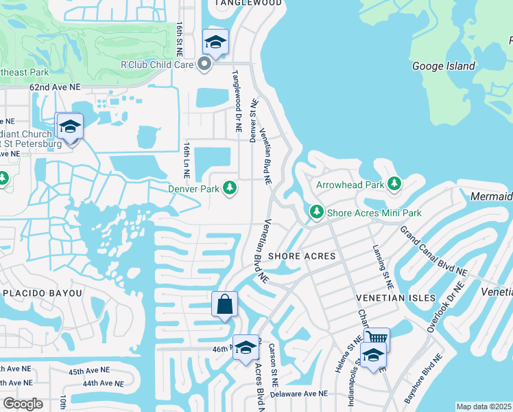 map of restaurants, bars, coffee shops, grocery stores, and more near 5401 Denver Street Northeast in St. Petersburg
