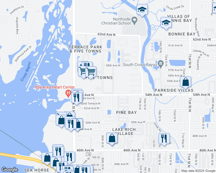 map of restaurants, bars, coffee shops, grocery stores, and more near 5521 80th Street North in St. Petersburg