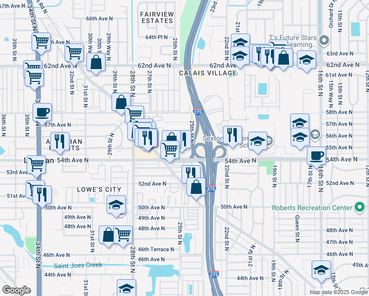 map of restaurants, bars, coffee shops, grocery stores, and more near 2527 55th Avenue North in Saint Petersburg