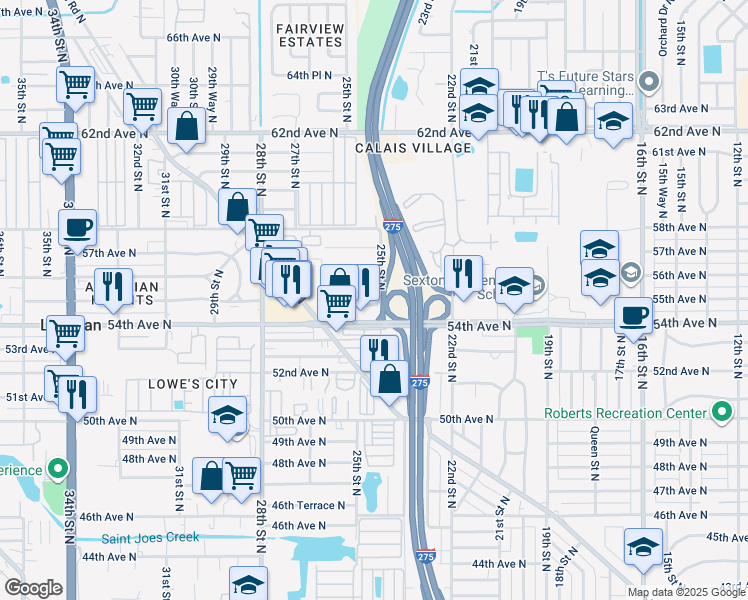 map of restaurants, bars, coffee shops, grocery stores, and more near 2511 55th Avenue North in St. Petersburg