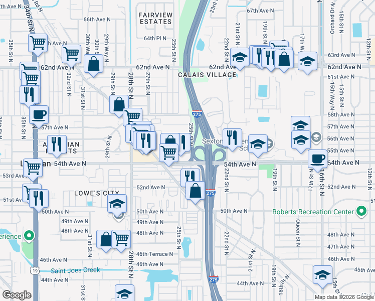map of restaurants, bars, coffee shops, grocery stores, and more near 2511 55th Avenue North in Saint Petersburg