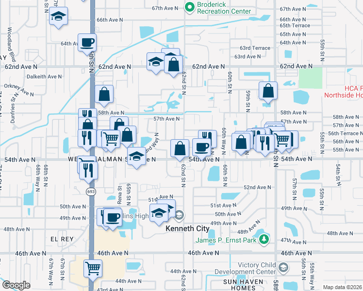 map of restaurants, bars, coffee shops, grocery stores, and more near 6200 56th Avenue North in Saint Petersburg