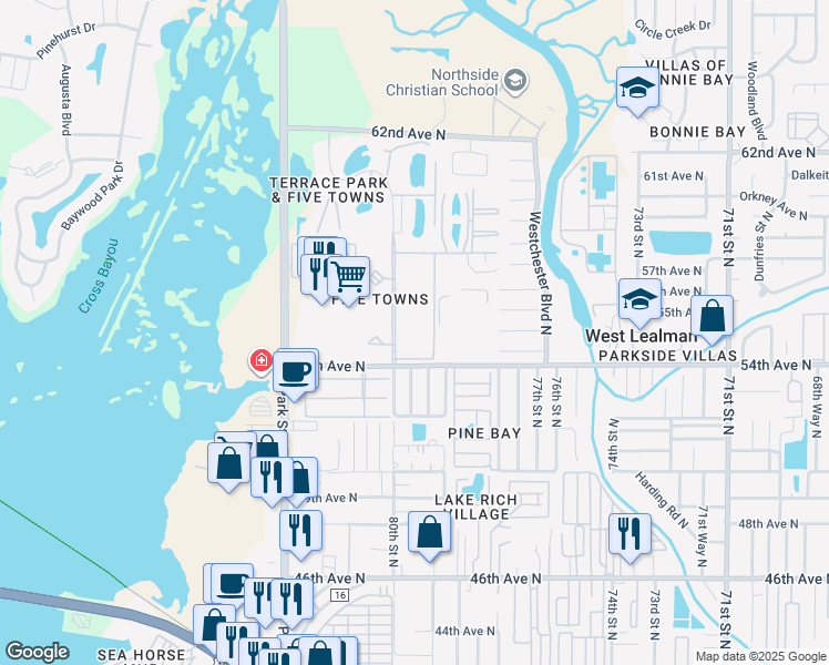 map of restaurants, bars, coffee shops, grocery stores, and more near 5521 80th Street North in St. Petersburg