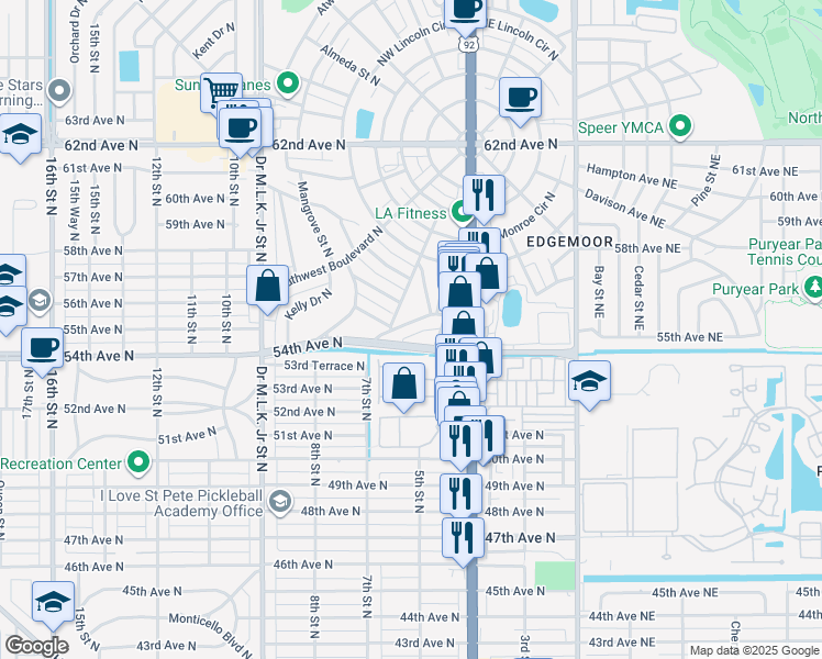 map of restaurants, bars, coffee shops, grocery stores, and more near 526 Palm Avenue North in St. Petersburg